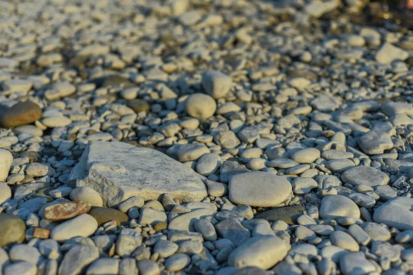 Riesige Steine am Ufer des Flusses. weiche Flusssteine und sauberes, klares Wasser des Flusses. Kieselsteine am Ufer sind in der Nähe im verschwommenen Sonnenuntergang Licht im Hintergrund. — Stockfoto