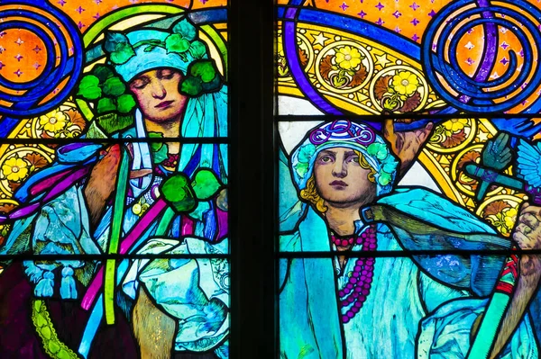 Detalhe Janela Vitrais Art Nouveau Por Alfons Mucha Catedral São — Fotografia de Stock