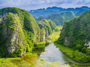 Muhteşem manzaralı Tam Coc karstik oluşumları ve pirinç çeltik tarlaları, Ninh Binh Eyaleti, Vietnam
