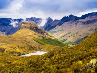 Ecuador, scenic landscape in Cajas National Park with ponds, mountains and pristine moorlands clipart