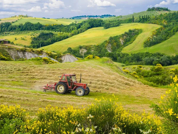Tractor Mowing Grass Fields Harvest Bales Hay — Stock Photo, Image