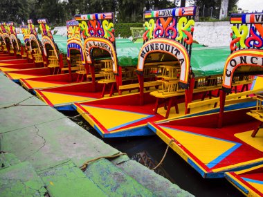 Xochimilco, Mexico City'de geleneksel, renkli tekneler sırası