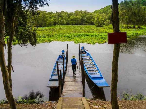 Barcos Turísticos Amarrados Muelle Laguna Para Explorar Bosque Índigo Tra — Foto de Stock