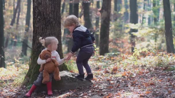 Happy little child, baby girl laughing and playing in the autumn on the nature walk outdoors. — Stock Video