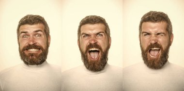 Adam kolaj üzerinde beyaz izole farklı duygularla.