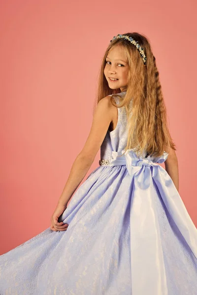 Funny little girl in blue dress on her birthday — Stock Photo, Image