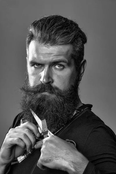 Bearded man with hairdresser scissors — Stock Photo, Image