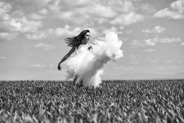 푸른 잔디와 하늘에 예쁜 웨딩 소녀 — 스톡 사진