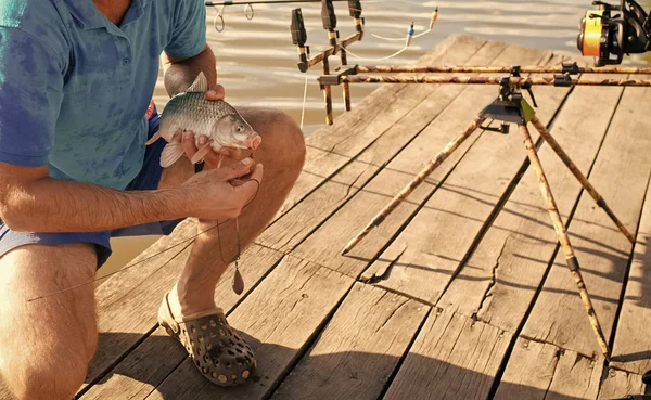 Fisch am Maul in männlichen Händen, Köderfischen — Stockfoto