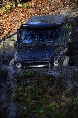 Aşırı eğlence kavramının. SUV çamur birikintisinde şaşırıp kalmış ile kaplı. Siyah crossover aracılığıyla kir doğa ile arka plan üzerinde sürüş. Crossover güneşli sonbahar gününde ormanda engellerin üstesinden gelir.