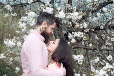 Güzel çift çiçek açan ağacın altında aşık. Çiçekli bahçesinde yan görüş genç aile. Esmer kız, aşk ve ilişki konseptine kucaklayan pembe gömlekli sakallı adam.