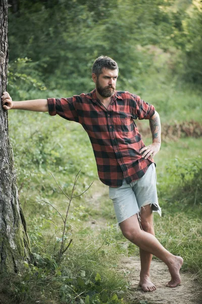 경로에 수염된 Hipster 숲에서 하이킹입니다 맨발로 걷기의 장점입니다 — 스톡 사진