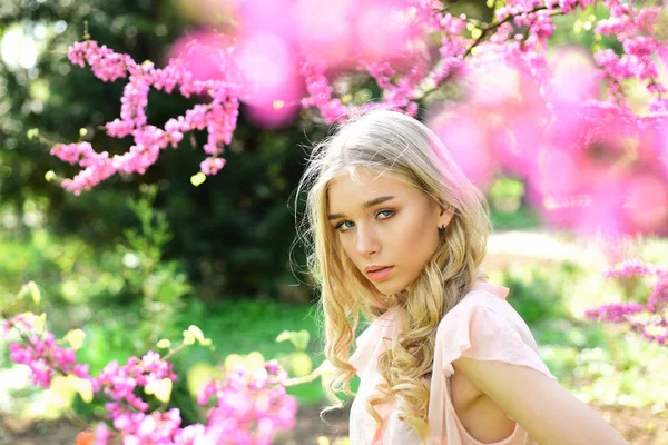 美丽的女孩站在温柔的树下 粉红色的小花朵 迷人的金发女郎呼吸清新的香气盛开的花朵户外 春季时间概念 — 图库照片