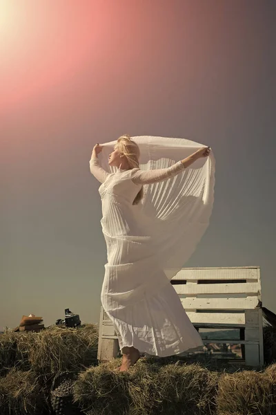 Romantik tatlı tatil günü ve lüks bir kız. Mavi gökyüzü silah yayılan kadın — Stok fotoğraf