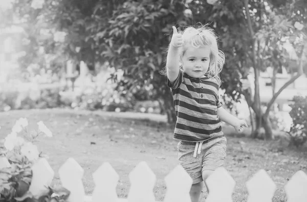 Bambino o piccolo ragazzo all'aperto vicino recinto di legno bianco — Foto Stock