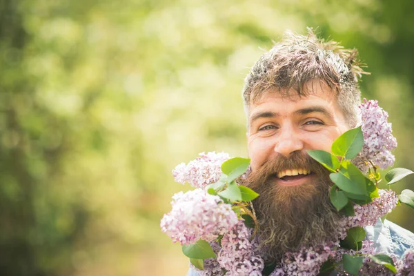 有胡子的人微笑着在乡间花园里捧着丁香树枝 长胡子的男花店照顾开花的果园 春季时间的概念 脸上的幸福胡子男子在自然背景下 — 图库照片