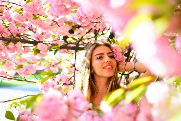 Kiraz Çiçeği Dalı Tutan Güzel Sarışın Kız Genç Güzel Kadın — Stok fotoğraf