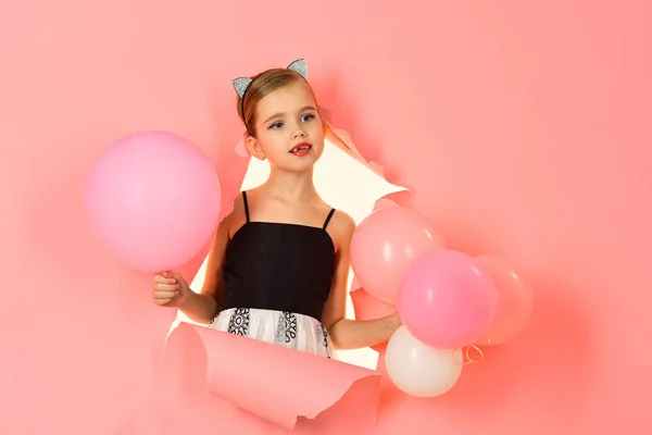 Kindheit Und Glück Kindheit Kleines Mädchen Mit Rosa Luftballons — Stockfoto