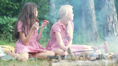 PIN günbatımında bir piknik Park eğlenmek tarzında iki genç kadın. Yaz, tatil, tatil, mutlu insanlar kavramı - kız gülümsüyor. Piknik üzerindeki Girlfriends.