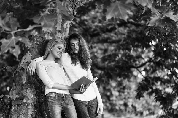 Casal romântico. Duas meninas ler livro — Fotografia de Stock