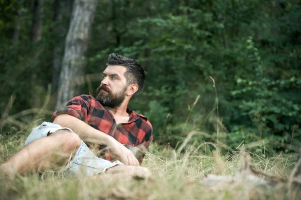 在公园或森林里躺在草地上的野蛮人 在树林里露营 有胡子的男人 蓝眼睛看着侧面 暑期休闲活动理念 — 图库照片