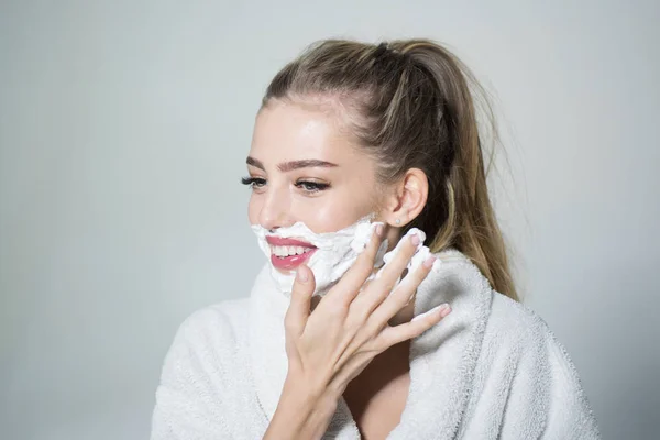 Skin Care Shaving Concept Woman Face Covered Foam Lady Cares — Stock Photo, Image