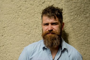 Dokulu duvardan ayakta bak dostum trendy sakallı ve kendinden emin. Bej renkli arka plan üzerinde izole mavi gömlekli sakallı hippi. Sakallı adam yayılan sevinç, kentsel sahne, mutluluk kavramı.