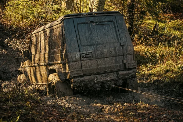 Auto fuoristrada che attraversa il fango nella foresta — Foto Stock