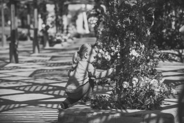 Çocuk çocukluk çocuklar mutluluk kavramı. Çiçek açması Petunya ile flowerbed oturan çocuk evlat