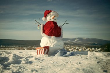 Mutlu yeni yıl kardan adam ile. Snowmans mutlu çift. Snowmans kutlama. Kardan adam kırmızı santa claus şapka.