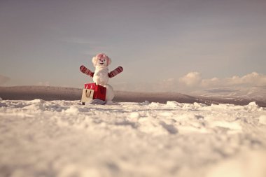 Mutlu yeni yıl kardan adam ile. Snowmans mutlu çift. Snowmans kutlama. Pembe peruk ve mittens hediye paketi ile kardan adam.