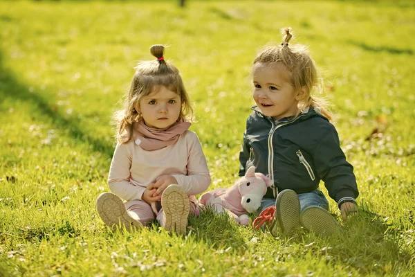 Sorella e fratello sorridono con cavallo giocattolo nella giornata di sole — Foto Stock