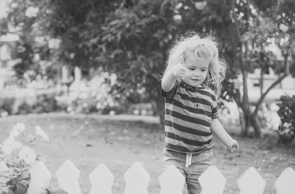 Niños en yoj feliz día. niño o niño pequeño al aire libre cerca de una cerca de madera blanca —  Fotos de Stock