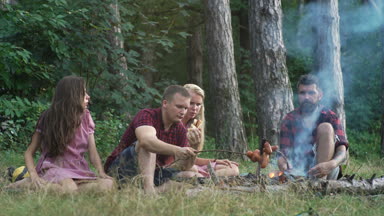 Güneşli bir günde - insanlar eğleniyor, ızgara ve rahatlatıcı asılı bir parkta piknik sahip arkadaş grubu. Parkta güzel sonbahar gününde rahatlatıcı arkadaş grubu.