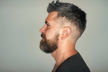 Ciddi adam. Hipster sakallı yüzü profil ve şık saç