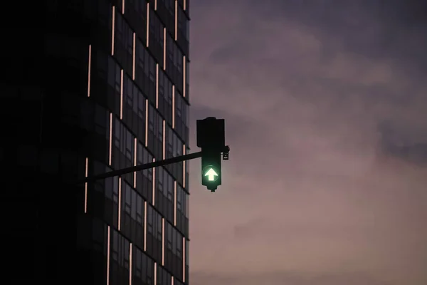 City bulutlu gri gökyüzü arka plan üzerinde yeşil trafik ışığı — Stok fotoğraf