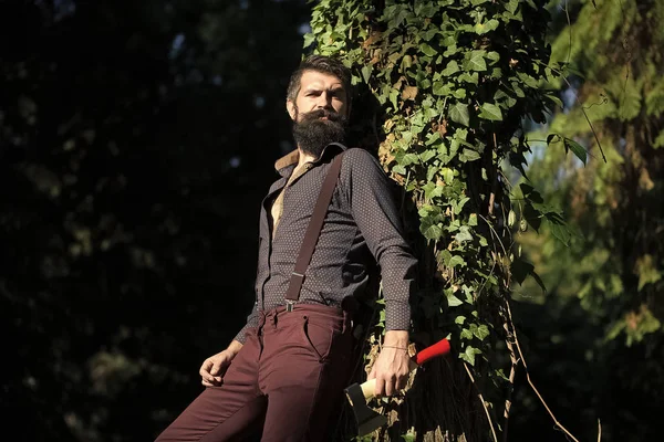 Les hommes visage soins de la peau. Portrait Homme visage dans votre publicité. Exploitant forestier masculin en forêt — Photo