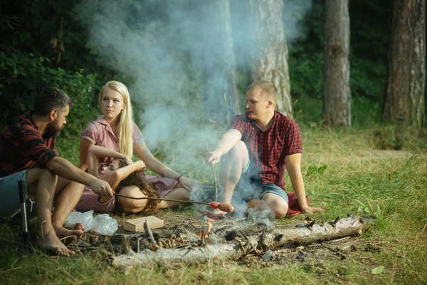 Ormanda piknik arkadaş grubu. Neşeli insanlar eğlenmek akşam kamp ateşi etrafında konuşuyor. Ateşte yaz boş zaman aktivitesi sosis pişirme.