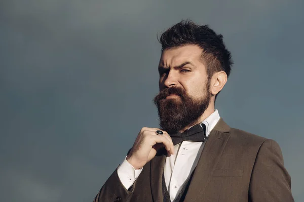 Fashion Businessman Wear Classic Coat Bow Tie Bearded Man Cloudy — Stock Photo, Image