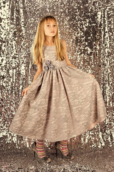 Face kid for magazine cover. Girl kids face portrait in your advertisnent. Fashion model on silver background, beauty. Child girl in stylish glamour dress, elegance. Look, hairdresser, makeup. — Stock Photo, Image