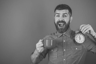 Adam içki sabah kahve veya çay ile çalar saat. Ferahlık sonu ve enerji. Alarm, kırmızı kupa sabah mükemmel. Mutlu adam mulled şarap, Bitime mavi arka plan ile. hipster süt Kupası ile zaman.
