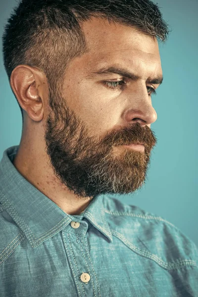 Man gezicht knap. baard op ernstige man in denim overhemd op blauwe achtergrond — Stockfoto