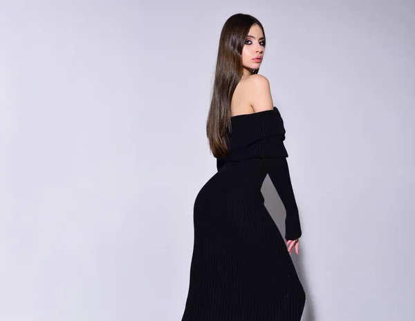 Fashion Model Elegant Black Dress Beauty Hairdresser Look Fashion Concept — Stock Photo, Image