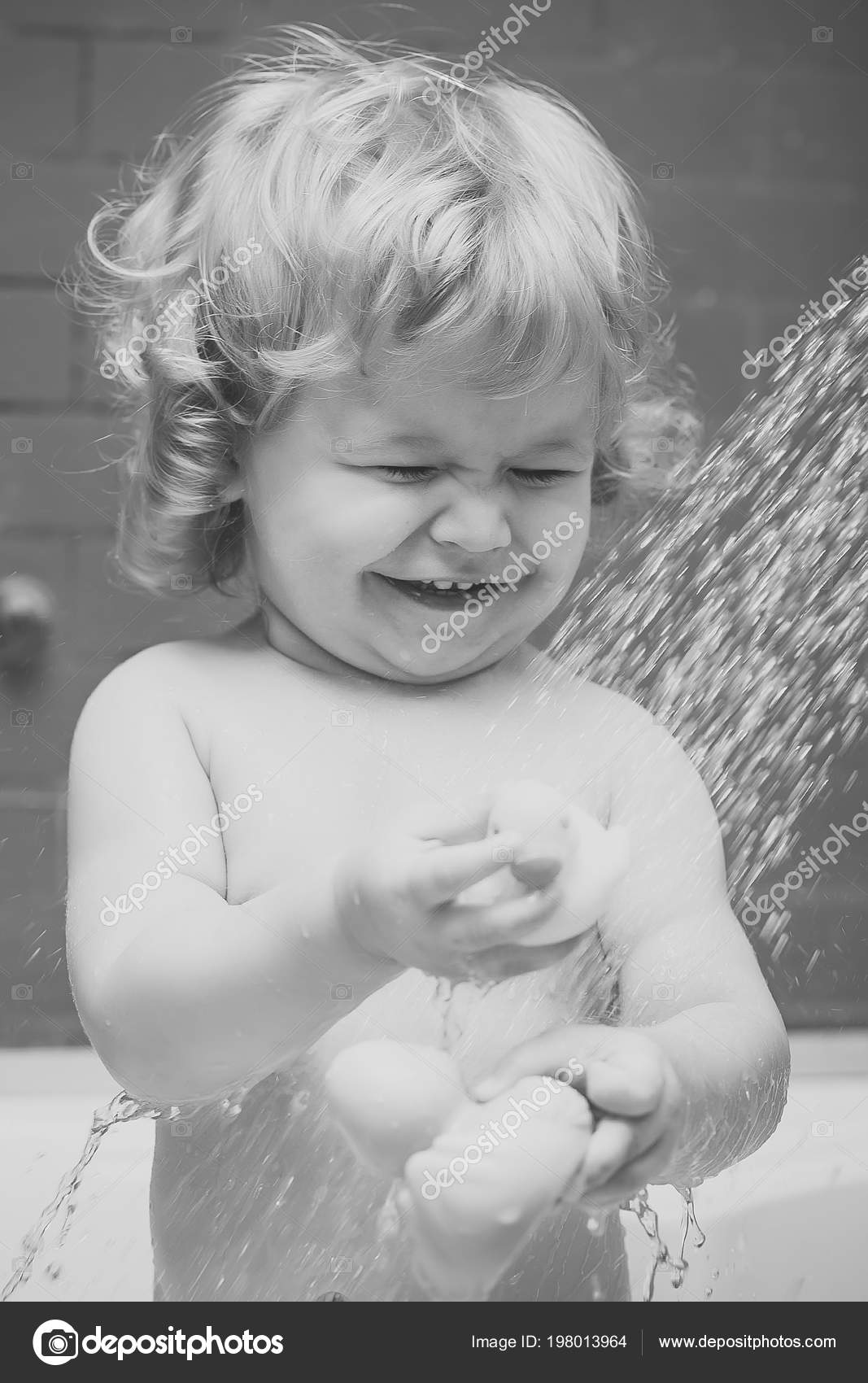 Kid Play One Cute Happy Playful Baby Boy Blonde Curly Stock