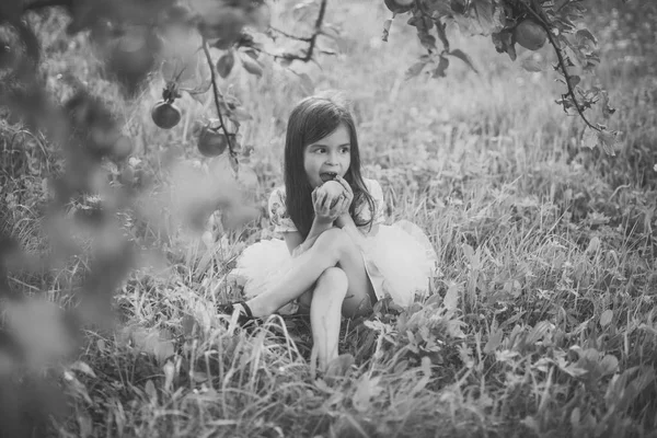 Juego de niños. Linda niña comiendo manzana bajo un árbol enorme —  Fotos de Stock