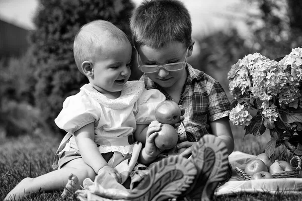 Oyuncaklarla oynayan çocuklar. Kardeş üzerinde piknik