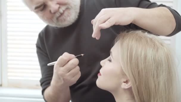 Maquillaje artista aplicar maquillaje a una atractiva mujer joven. Maquillaje para niña. Chica joven en el salón de belleza. Sexy rubia en salón de belleza — Vídeos de Stock