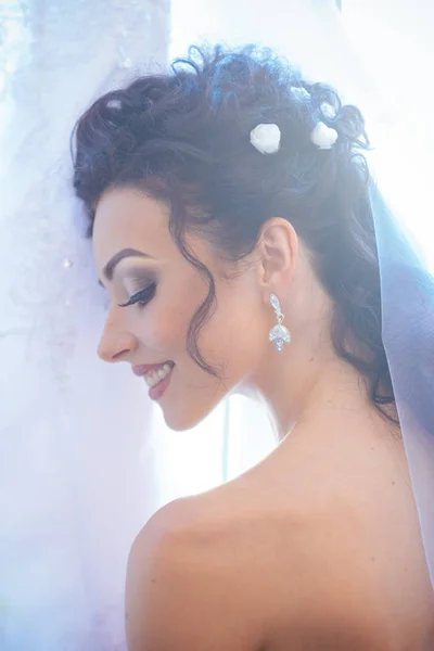 Γυναίκα με νυφικό πέπλο μελαχρινή μαλλιά. Χαμόγελο ευτυχισμένη νύφη την ημέρα του γάμου. Αισθησιακή γυναίκα με επαγγελματικό μακιγιάζ. Κορίτσι της μόδας με την ματιά του αίγλη και ομορφιά. Γάμος προετοιμασία πρωινού — Φωτογραφία Αρχείου