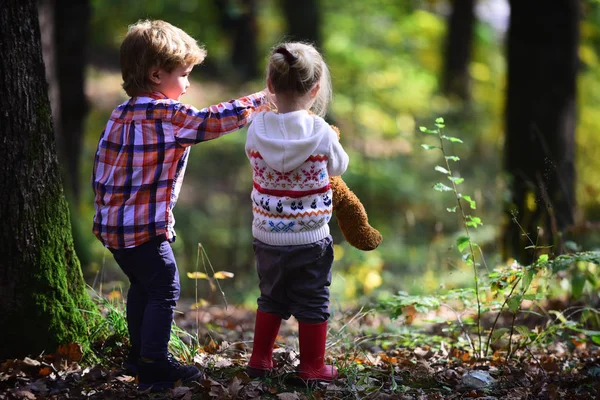 Kinderen spelen in de herfst bos. Vrienden van de kinderen kamperen in bos — Stockfoto