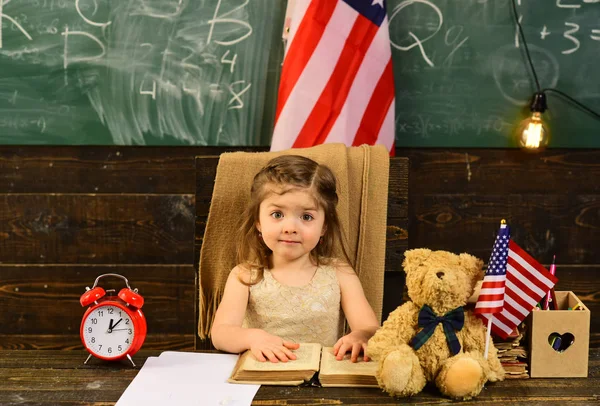 Gruppe von Menschen mit der US-Flagge - amerikanische Jugendkonzepte. Student mit Büchern im Park gegen US-Flagge. Kinder müssen regelmäßig Hausaufgaben machen. — Stockfoto